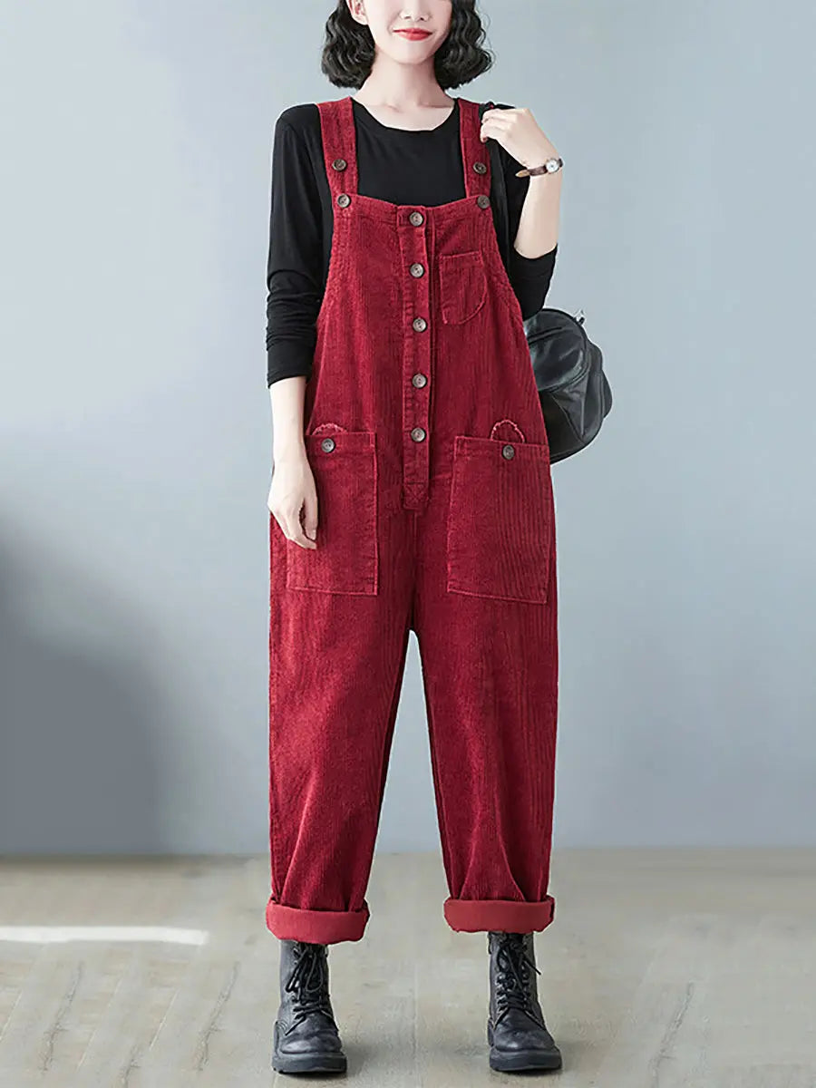 Plus Size Women Vintage Solid Corduroy Jumpsuits Ada Fashion
