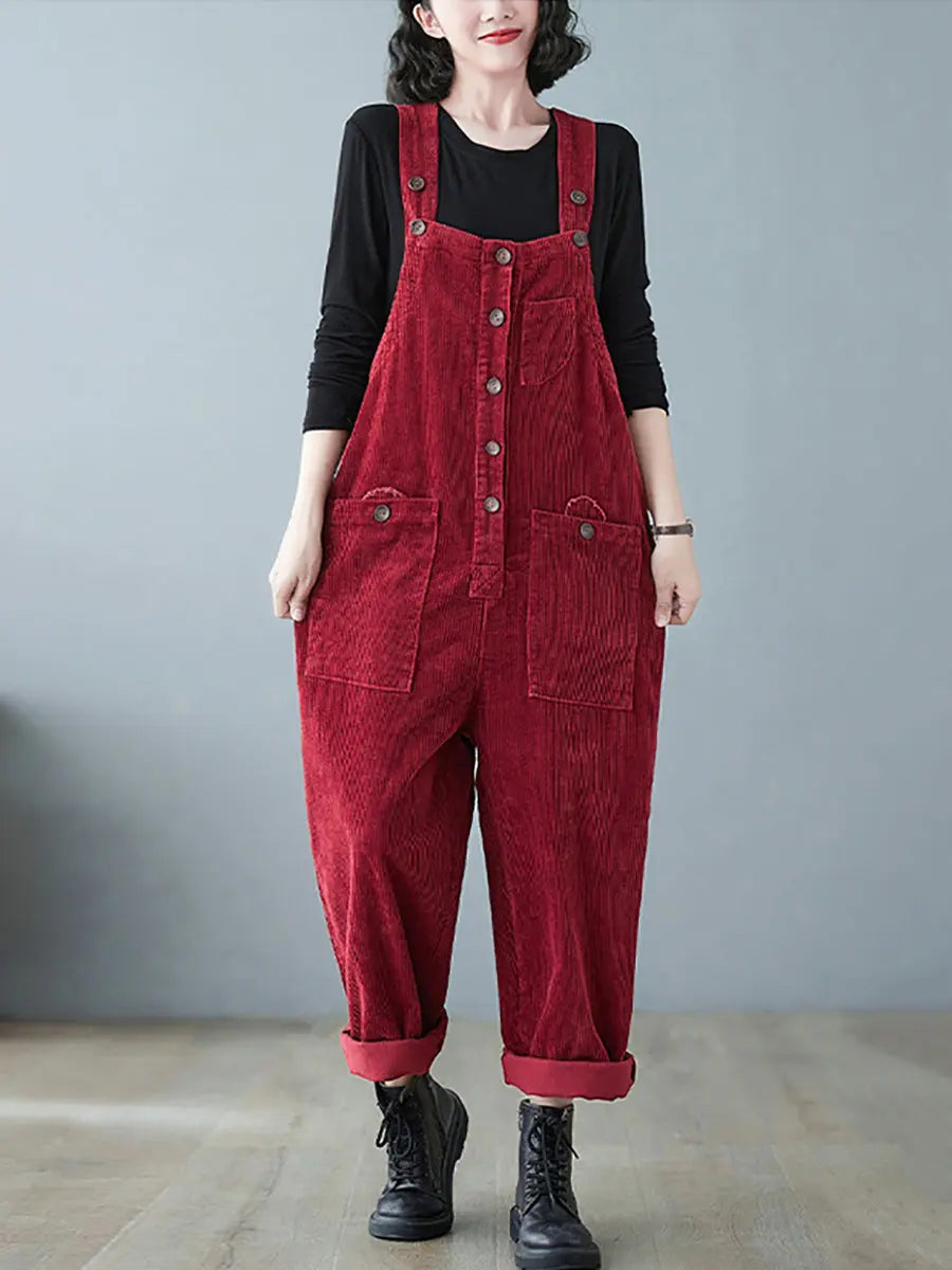 Plus Size Women Vintage Solid Corduroy Jumpsuits Ada Fashion