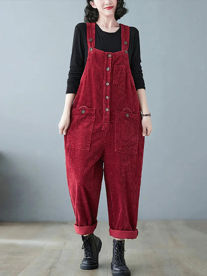 Plus Size Women Vintage Solid Corduroy Jumpsuits Ada Fashion