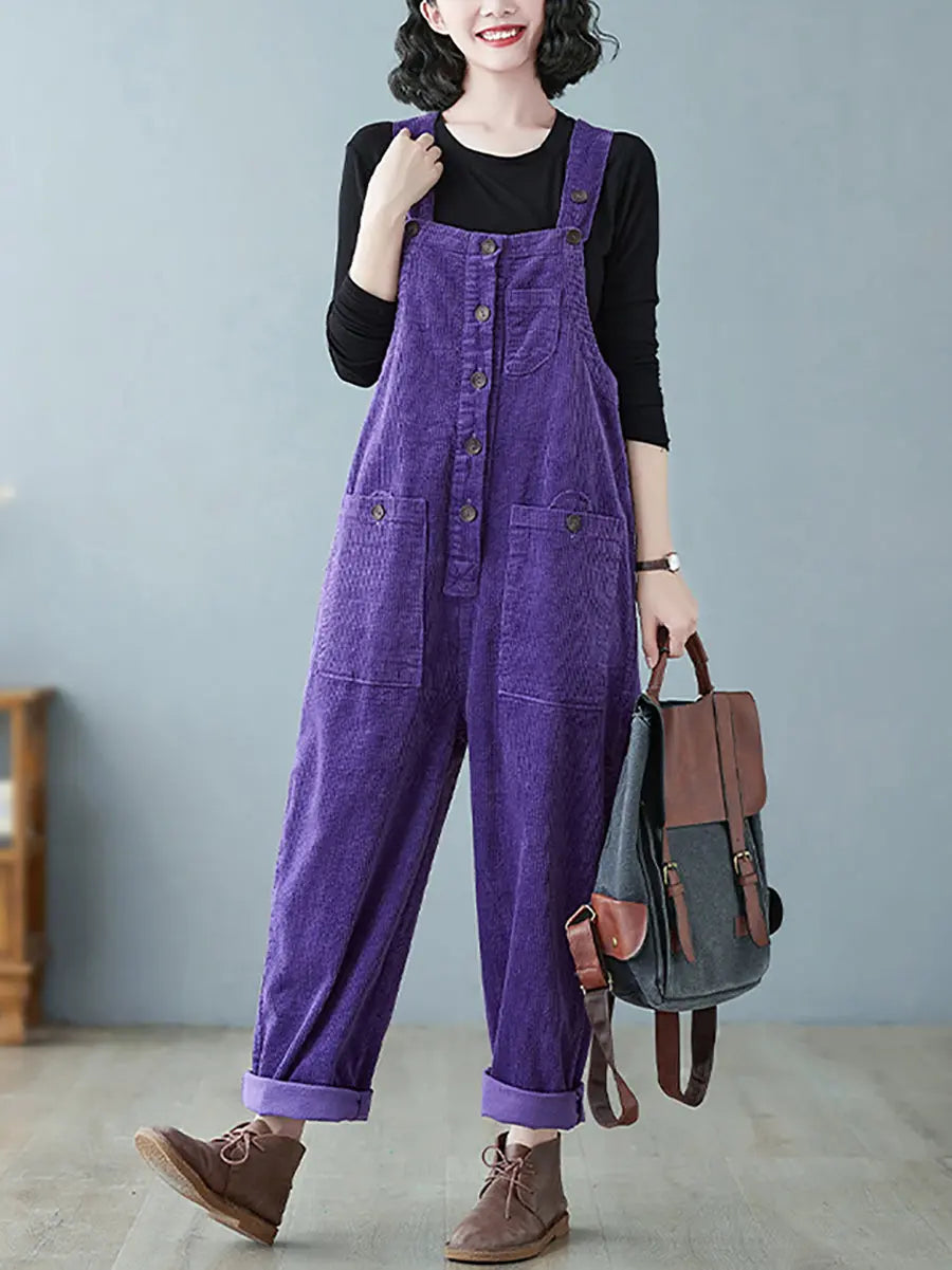Plus Size Women Vintage Solid Corduroy Jumpsuits Ada Fashion