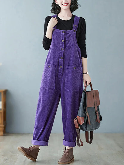 Plus Size Women Vintage Solid Corduroy Jumpsuits Ada Fashion