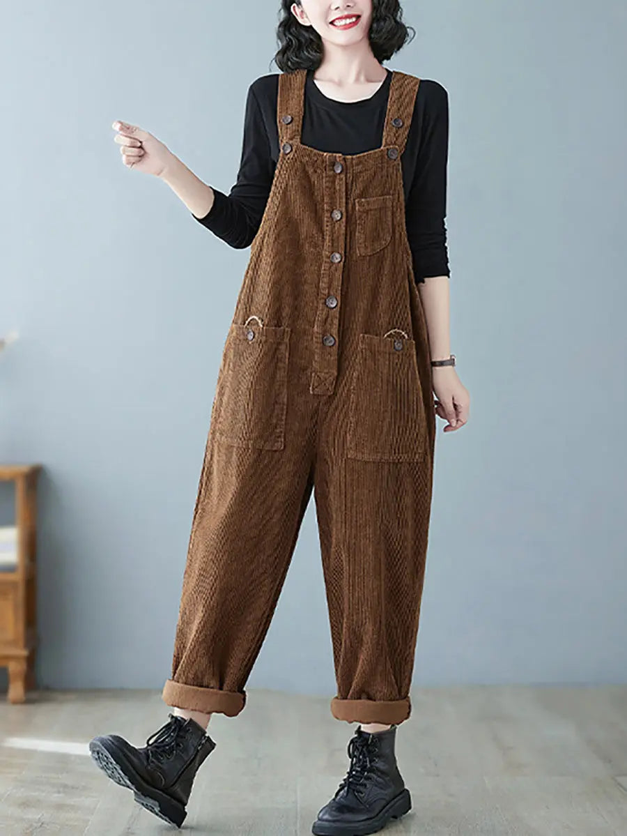Plus Size Women Vintage Solid Corduroy Jumpsuits Ada Fashion
