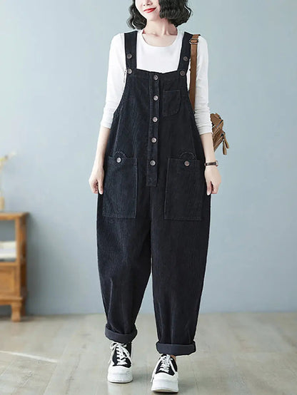 Plus Size Women Vintage Solid Corduroy Jumpsuits Ada Fashion