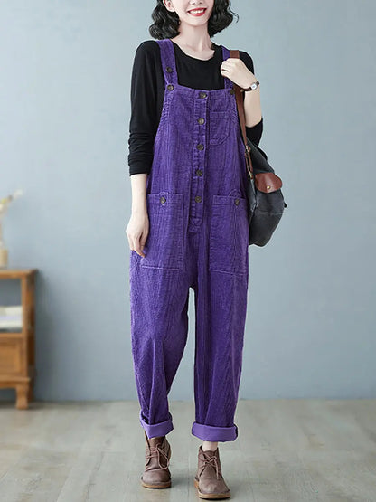 Plus Size Women Vintage Solid Corduroy Jumpsuits Ada Fashion