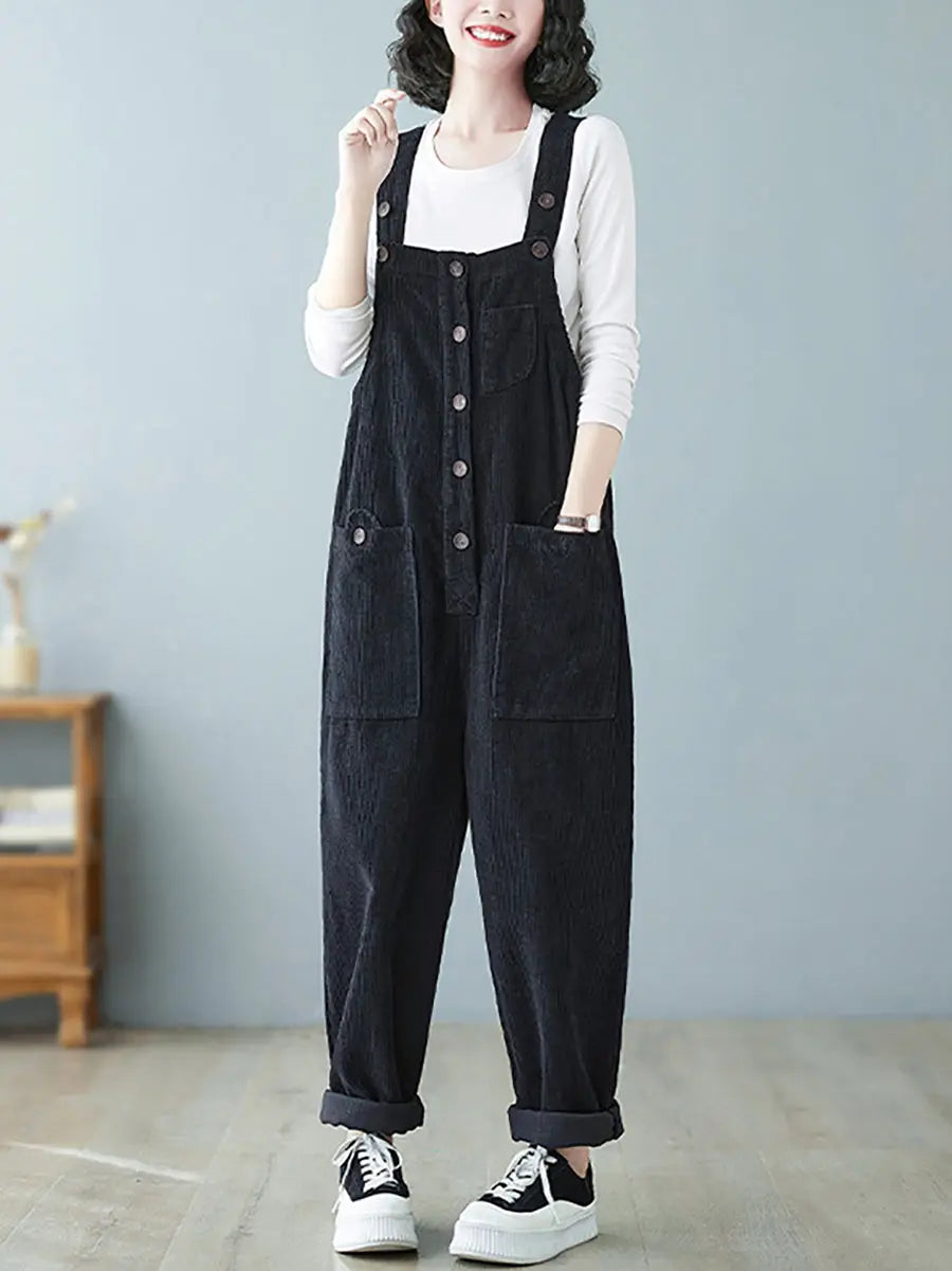 Plus Size Women Vintage Solid Corduroy Jumpsuits Ada Fashion