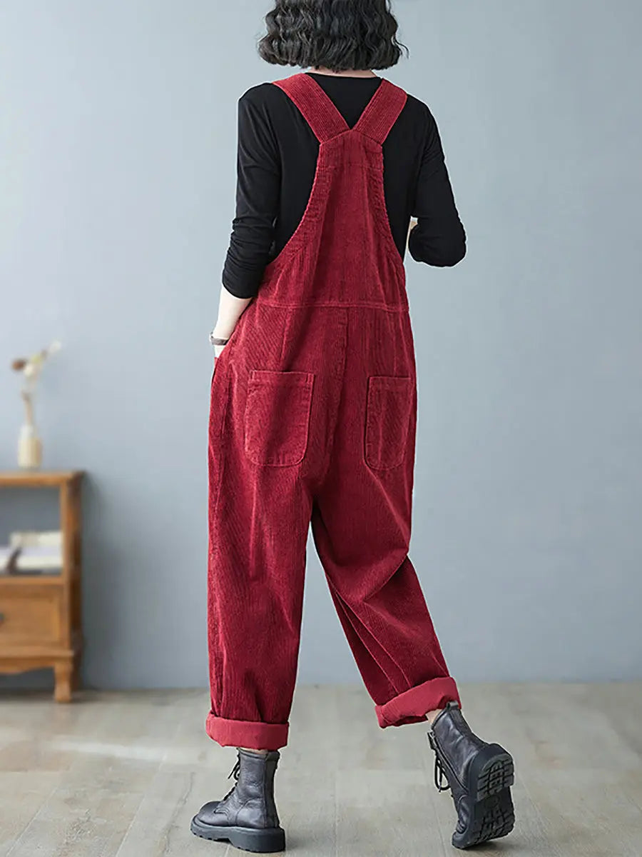 Plus Size Women Vintage Solid Corduroy Jumpsuits Ada Fashion
