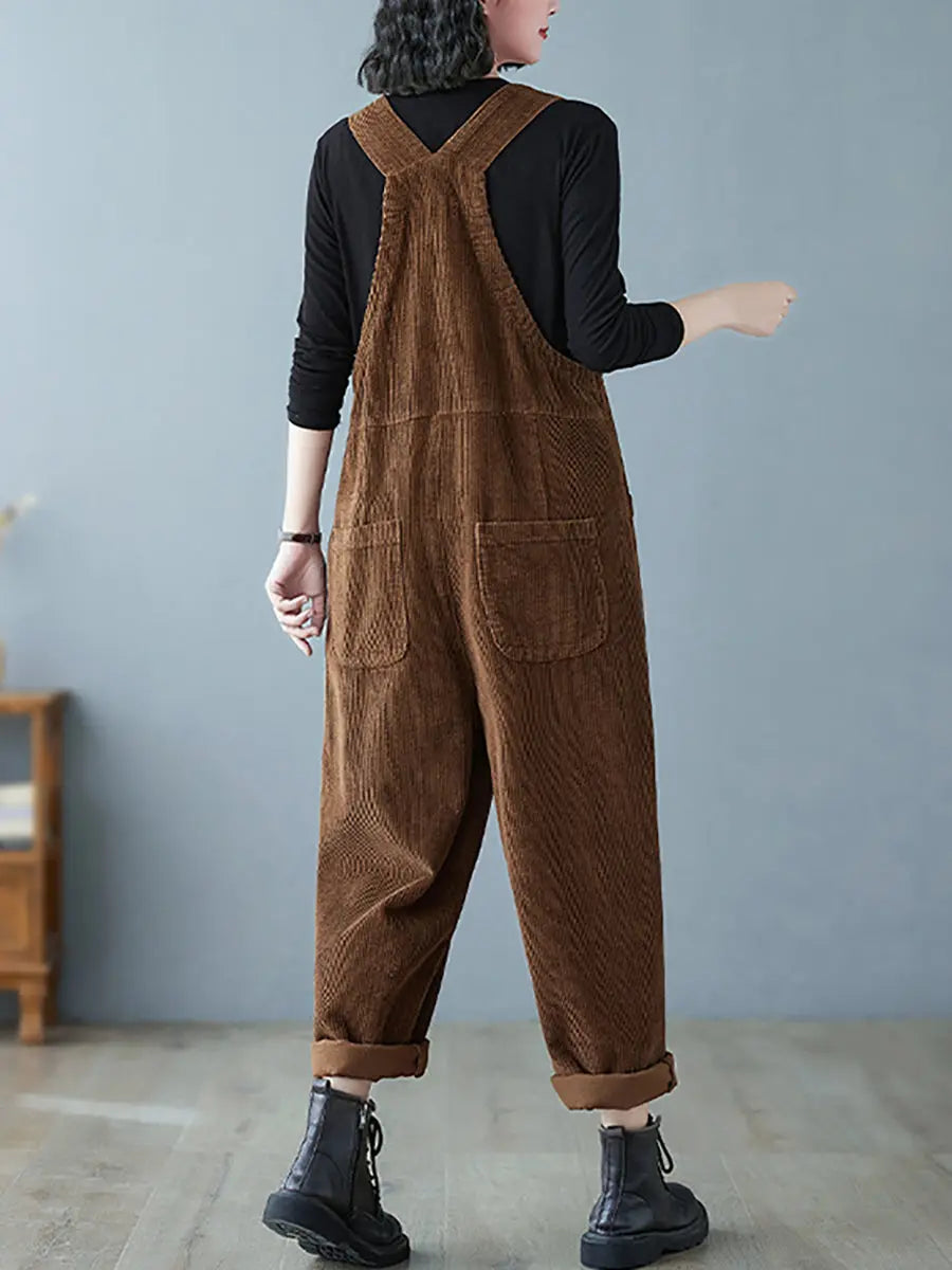Plus Size Women Vintage Solid Corduroy Jumpsuits Ada Fashion