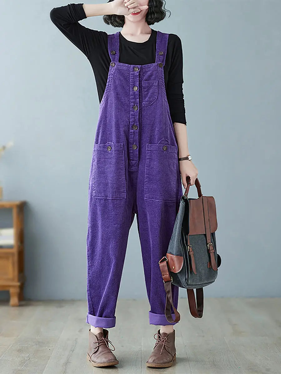 Plus Size Women Vintage Solid Corduroy Jumpsuits Ada Fashion