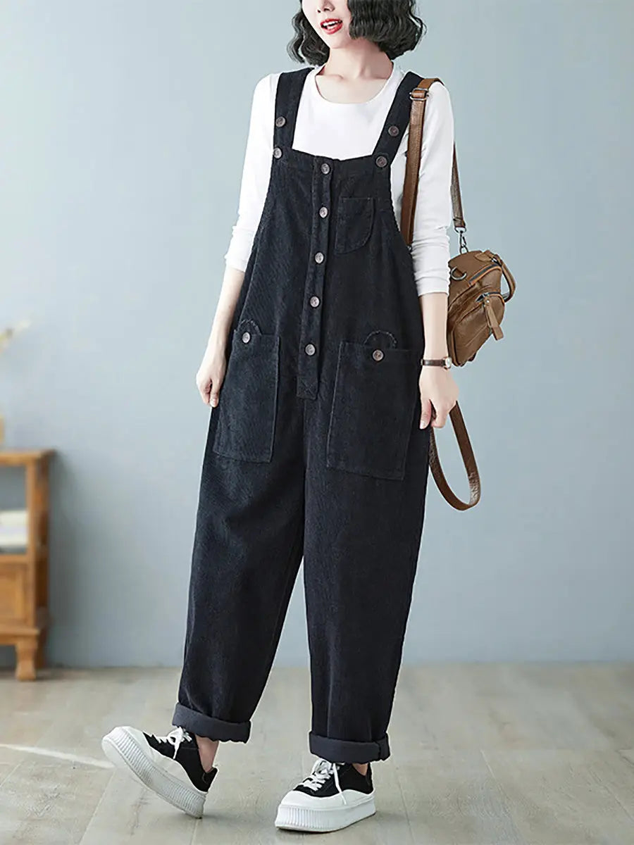 Plus Size Women Vintage Solid Corduroy Jumpsuits Ada Fashion