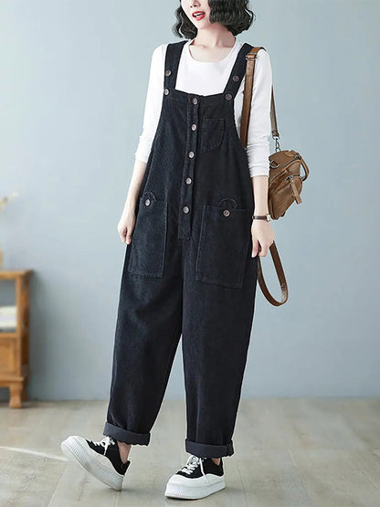 Plus Size Women Vintage Solid Corduroy Jumpsuits Ada Fashion
