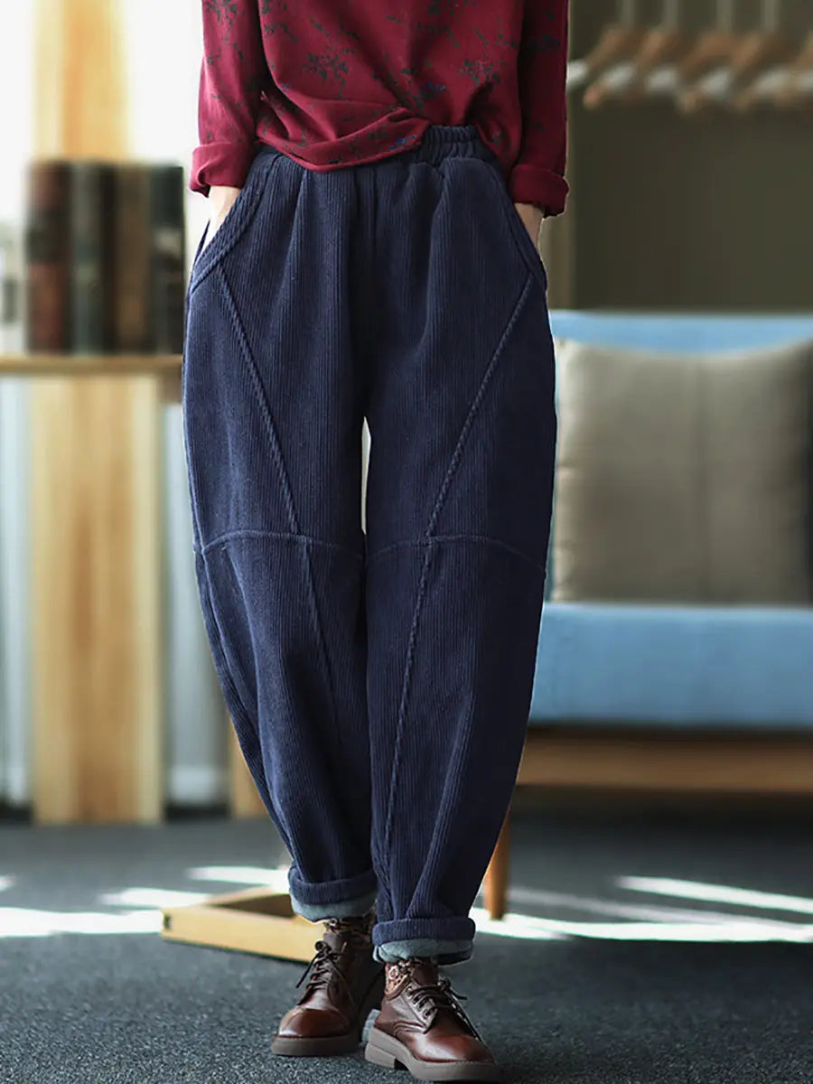 Plus Size Women Vintage Solid Spliced Thicken Pants Ada Fashion