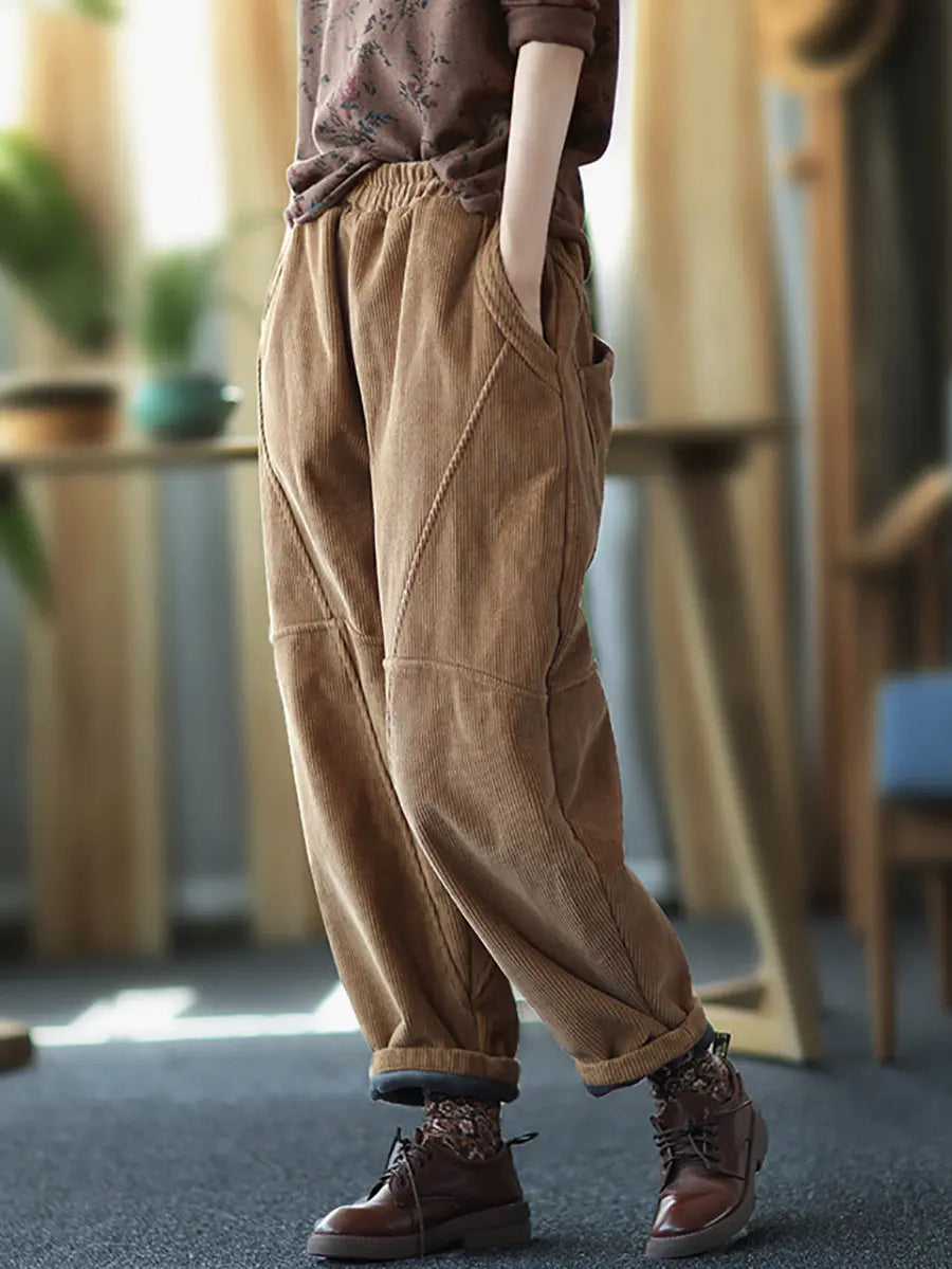 Plus Size Women Vintage Solid Spliced Thicken Pants Ada Fashion