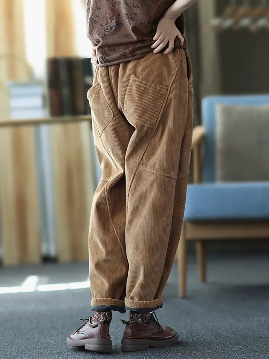 Plus Size Women Vintage Solid Spliced Thicken Pants Ada Fashion