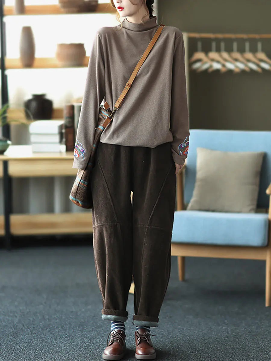Plus Size Women Vintage Solid Spliced Thicken Pants Ada Fashion