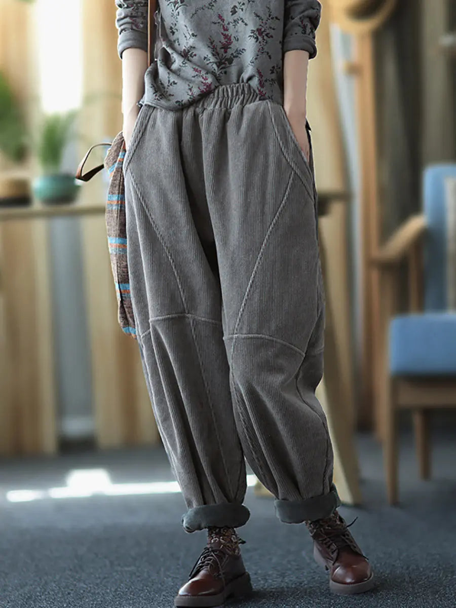 Plus Size Women Vintage Solid Spliced Thicken Pants Ada Fashion