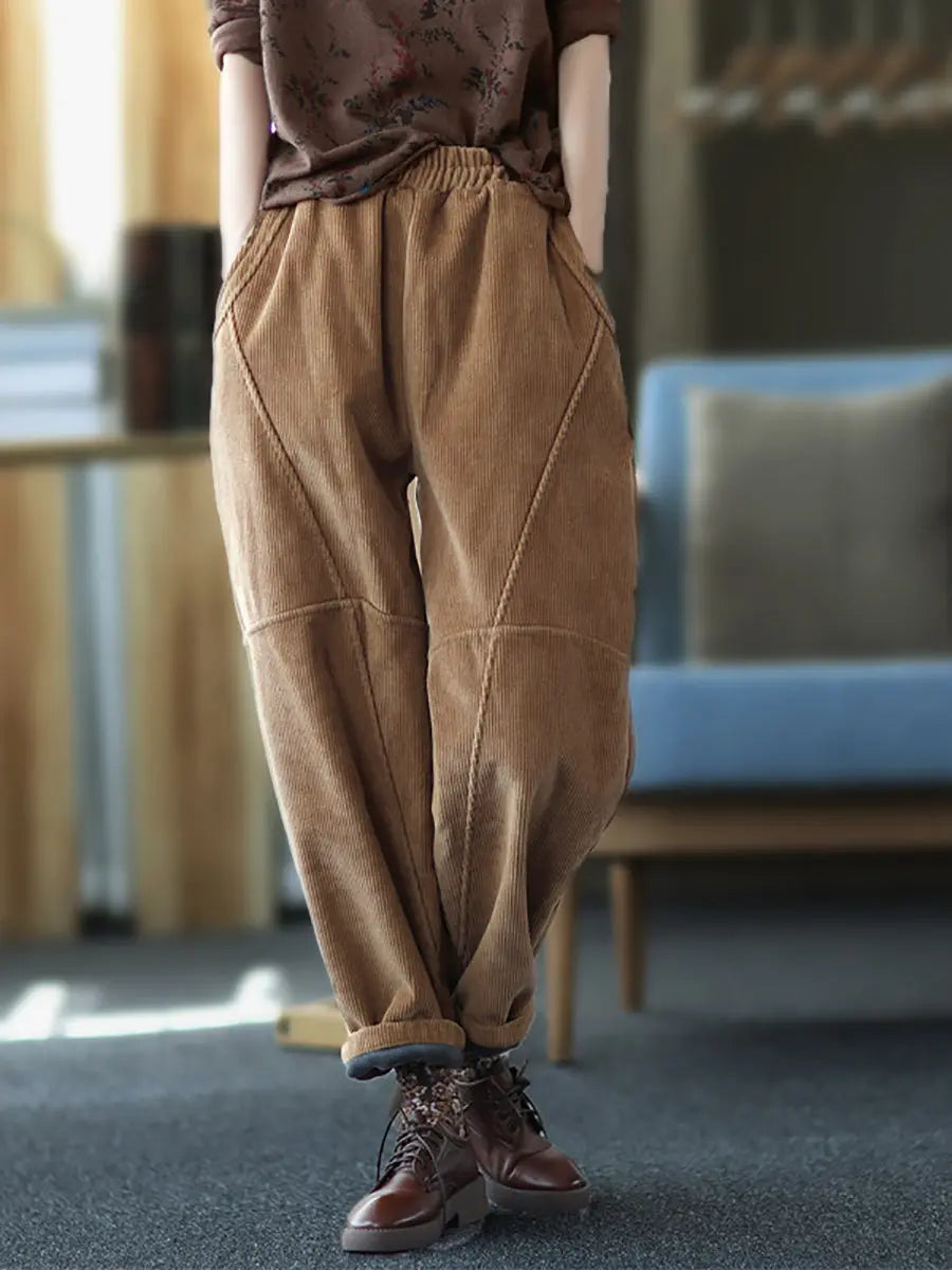 Plus Size Women Vintage Solid Spliced Thicken Pants Ada Fashion