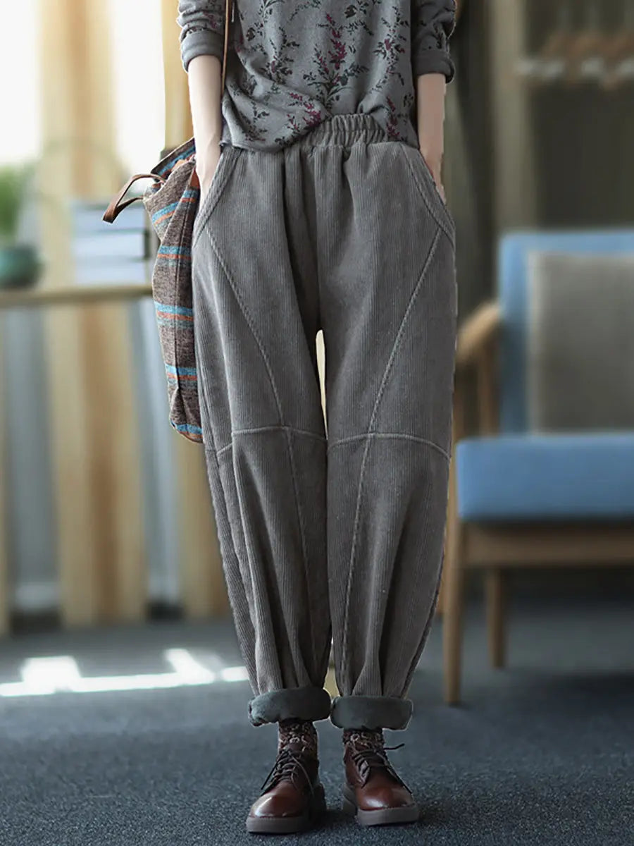 Plus Size Women Vintage Solid Spliced Thicken Pants Ada Fashion