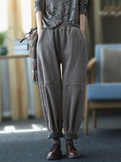 Plus Size Women Vintage Solid Spliced Thicken Pants Ada Fashion