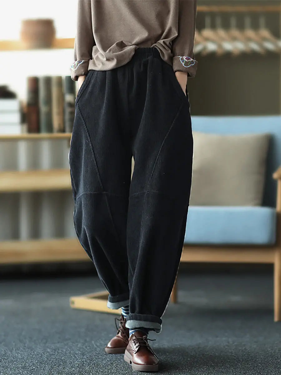 Plus Size Women Vintage Solid Spliced Thicken Pants Ada Fashion
