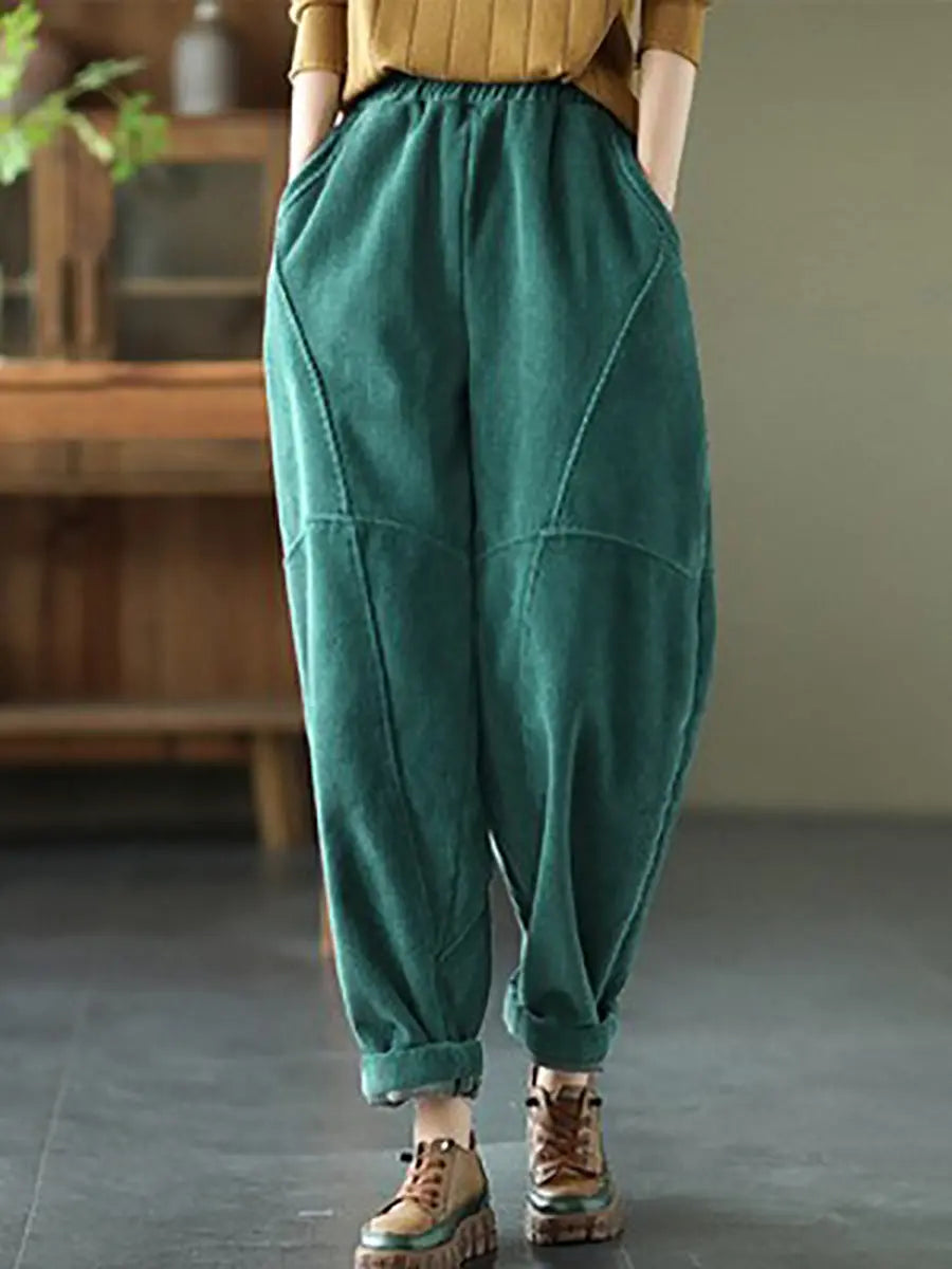 Plus Size Women Vintage Solid Spliced Thicken Pants Ada Fashion