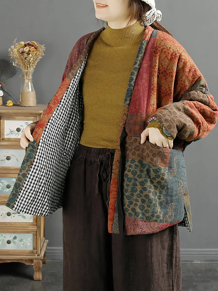 Plus Size Women Vintage Splicedd Warm Padded Coat Ada Fashion