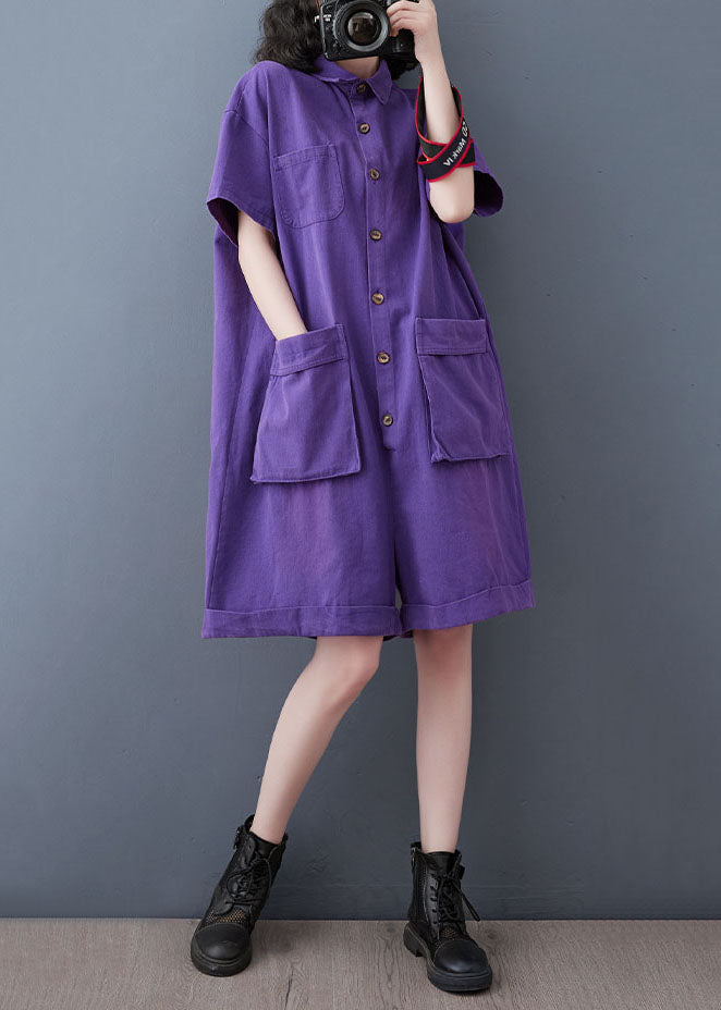 Purple Patchwork Denim Shorts Jumpsuits Peter Pan Collar Summer LY5632
