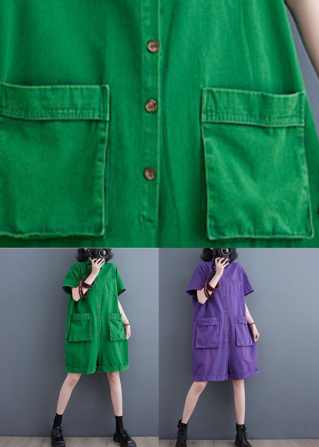 Purple Patchwork Denim Shorts Jumpsuits Peter Pan Collar Summer LY5632