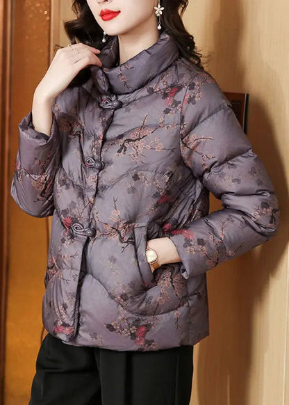 Purple Print Button Thick Parka Long Sleeve Ada Fashion