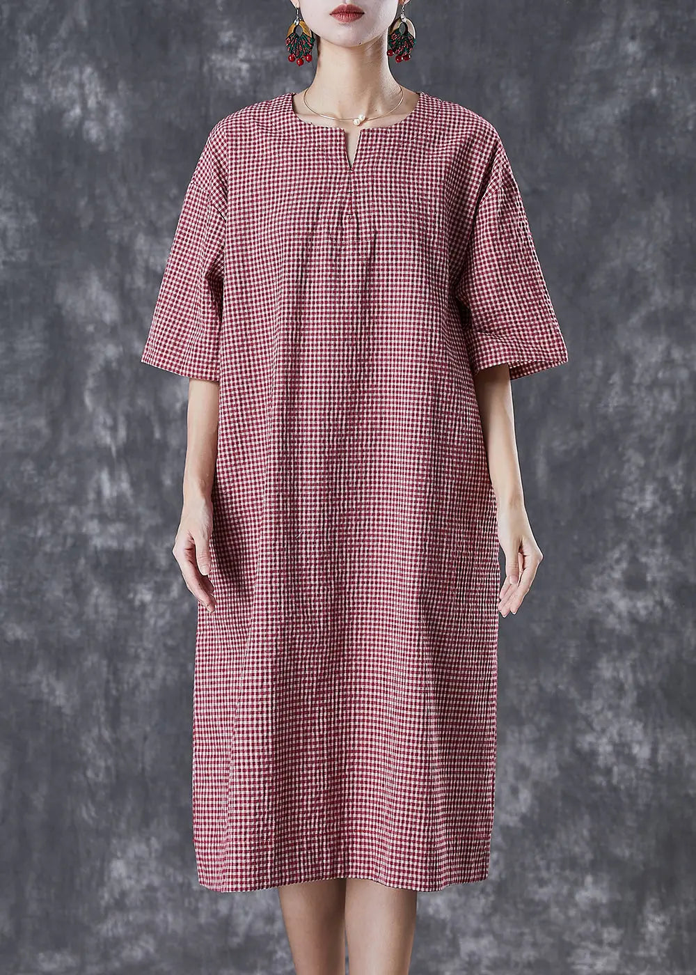 Red Plaid Cotton Holiday Dress Oversized Summer Ada Fashion