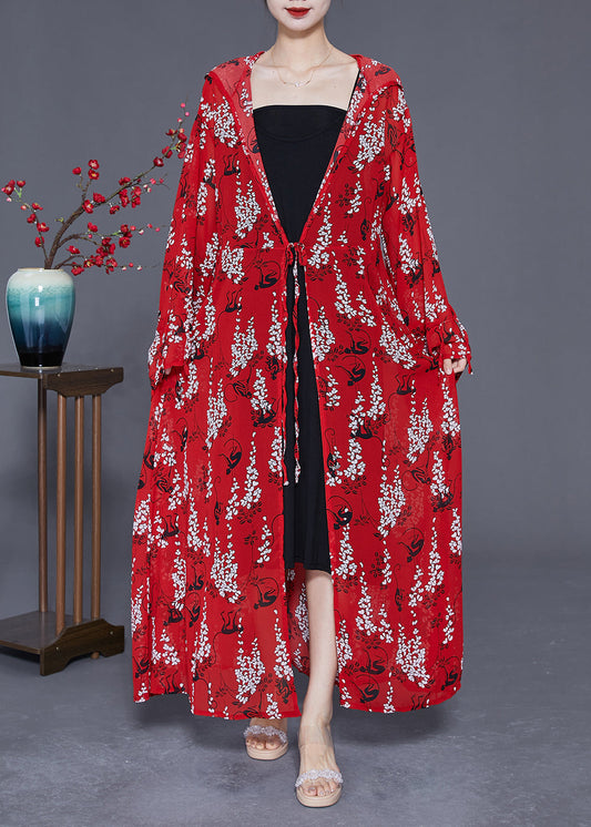 Red Print Chiffon Long Cardigan Hooded Tie Waist Summer LY2403