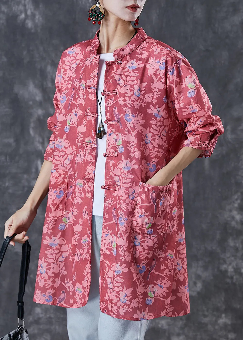 Red Print Cotton Shirt Tops Chinese Button Fall Ada Fashion