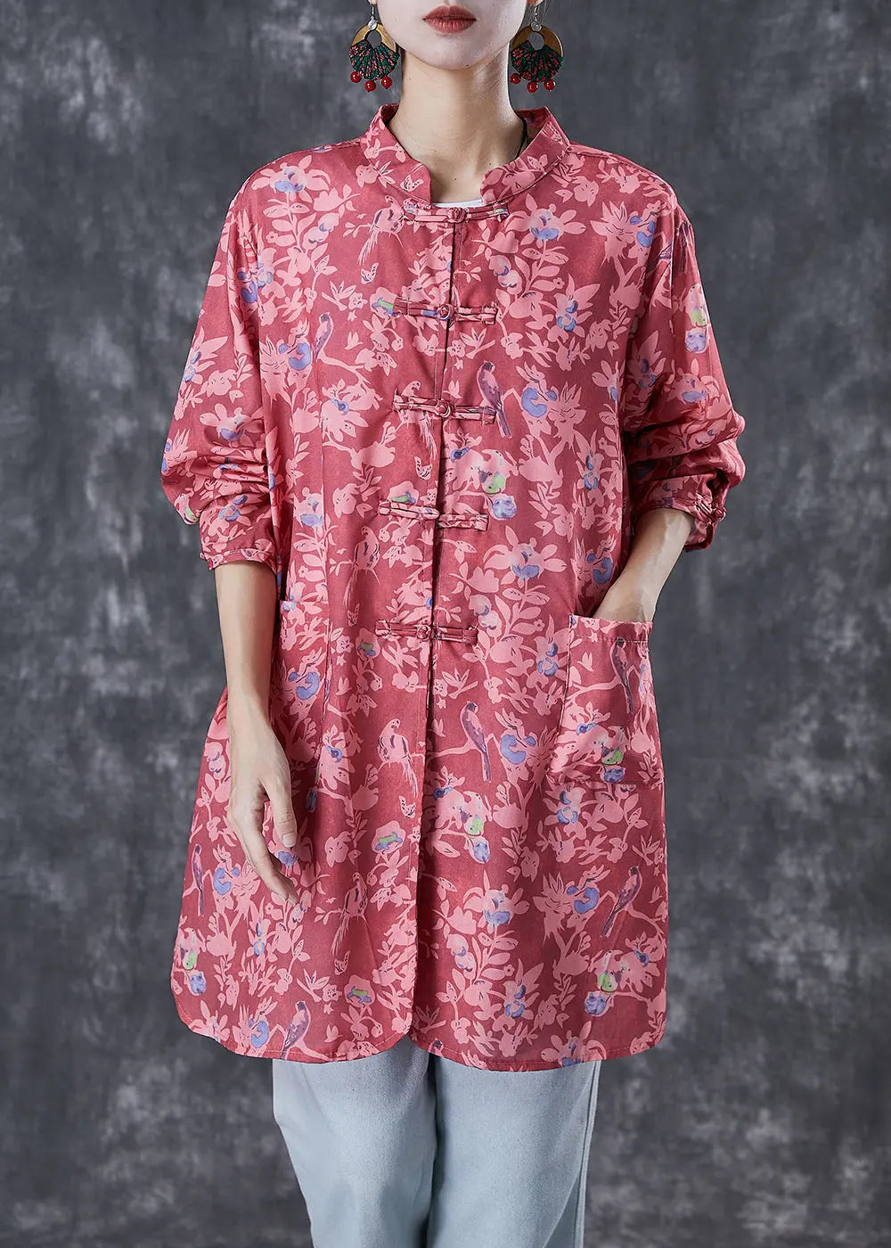 Red Print Cotton Shirt Tops Chinese Button Fall Ada Fashion