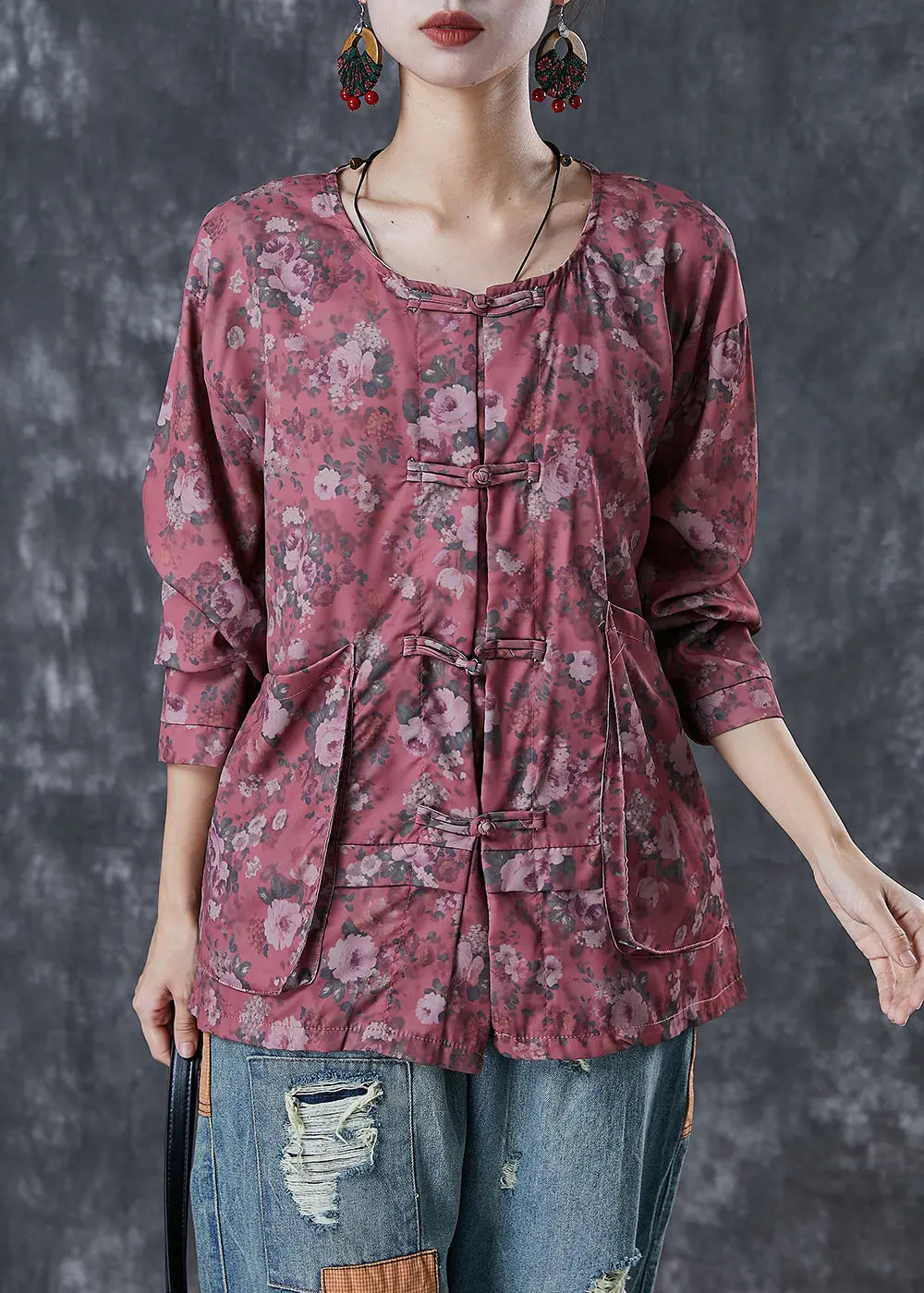 Red Print Cotton Shirt Tops Oversized Chinese Button Fall Ada Fashion