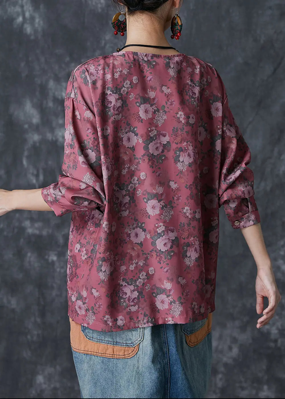 Red Print Cotton Shirt Tops Oversized Chinese Button Fall Ada Fashion