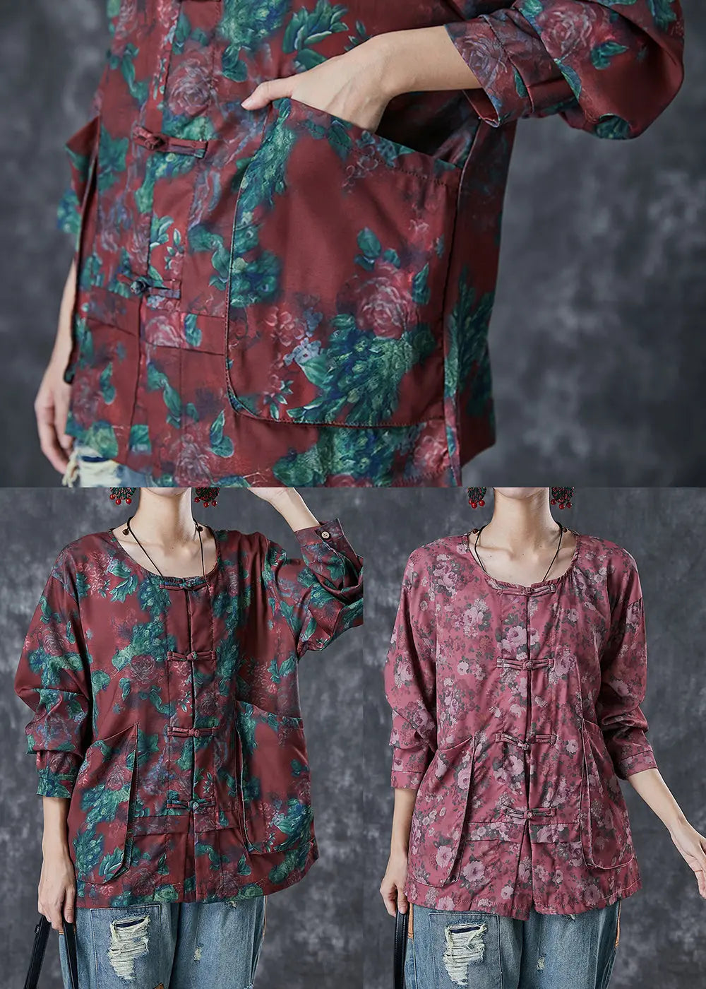 Red Print Cotton Shirt Tops Oversized Chinese Button Fall Ada Fashion