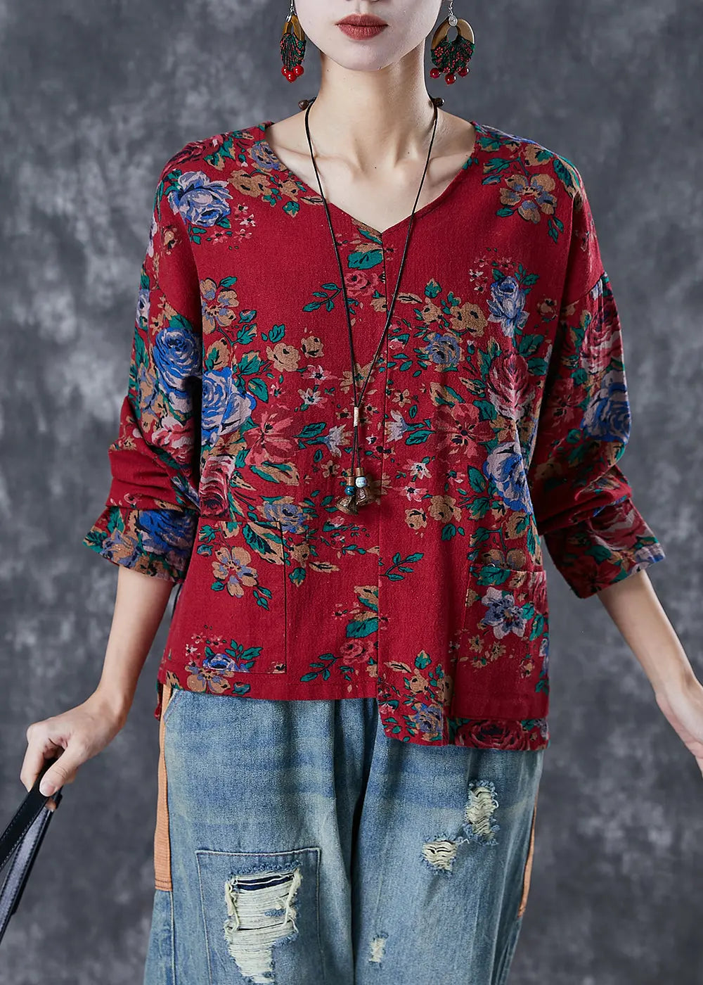 Red Print Linen Blouse Top Asymmetrical Design Fall Ada Fashion