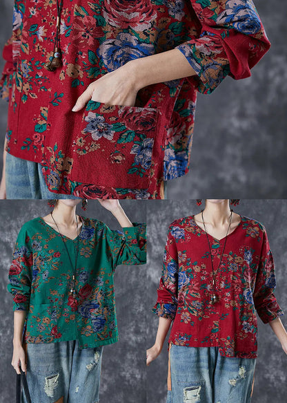 Red Print Linen Blouse Top Asymmetrical Design Fall Ada Fashion