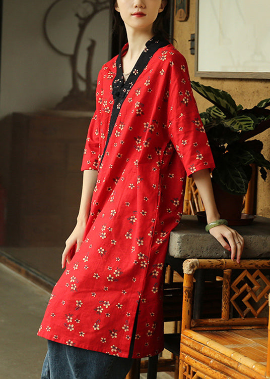 Red Side Open Patchwork Cotton Dress V Neck Half Sleeve Ada Fashion