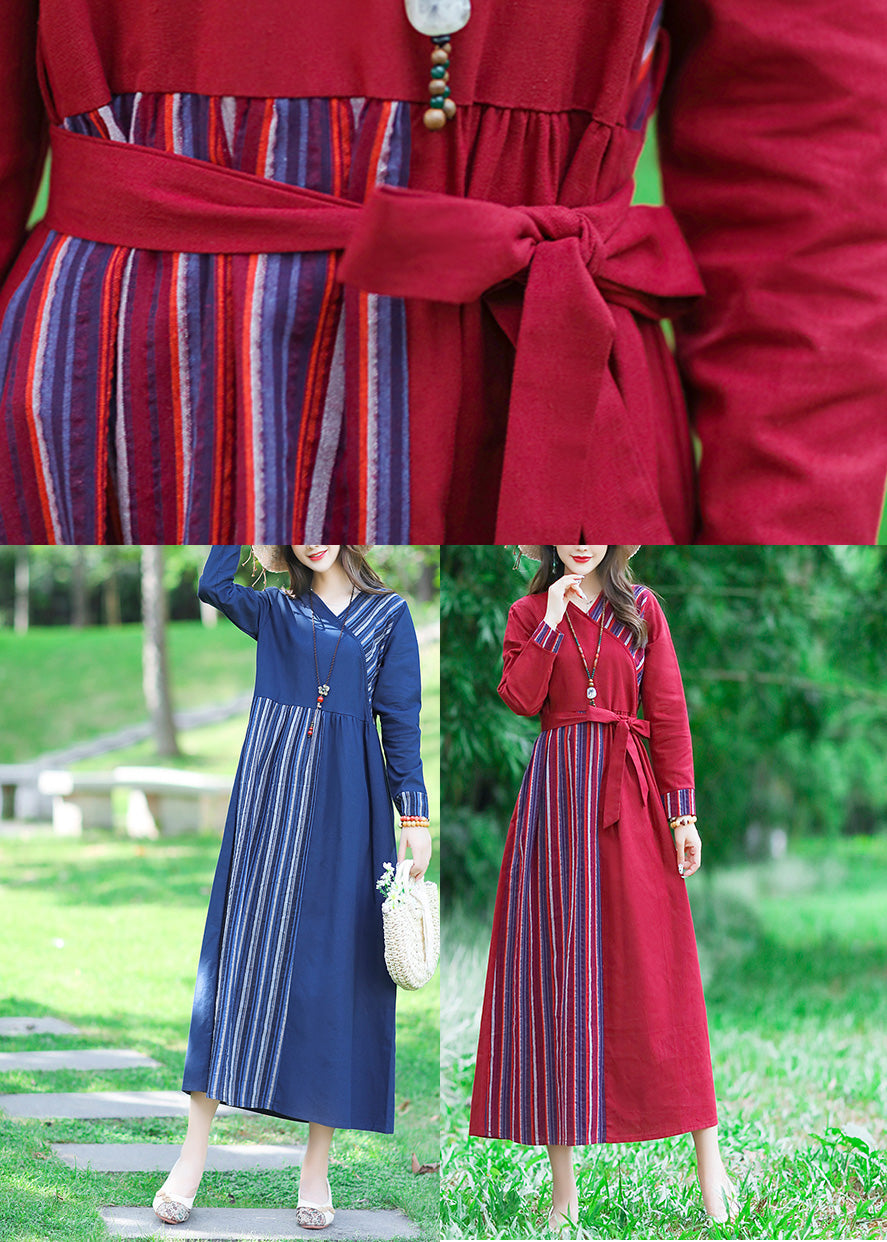 Red Tie Waist Tunic Linen Maxi Dress Long Sleeve LC0055