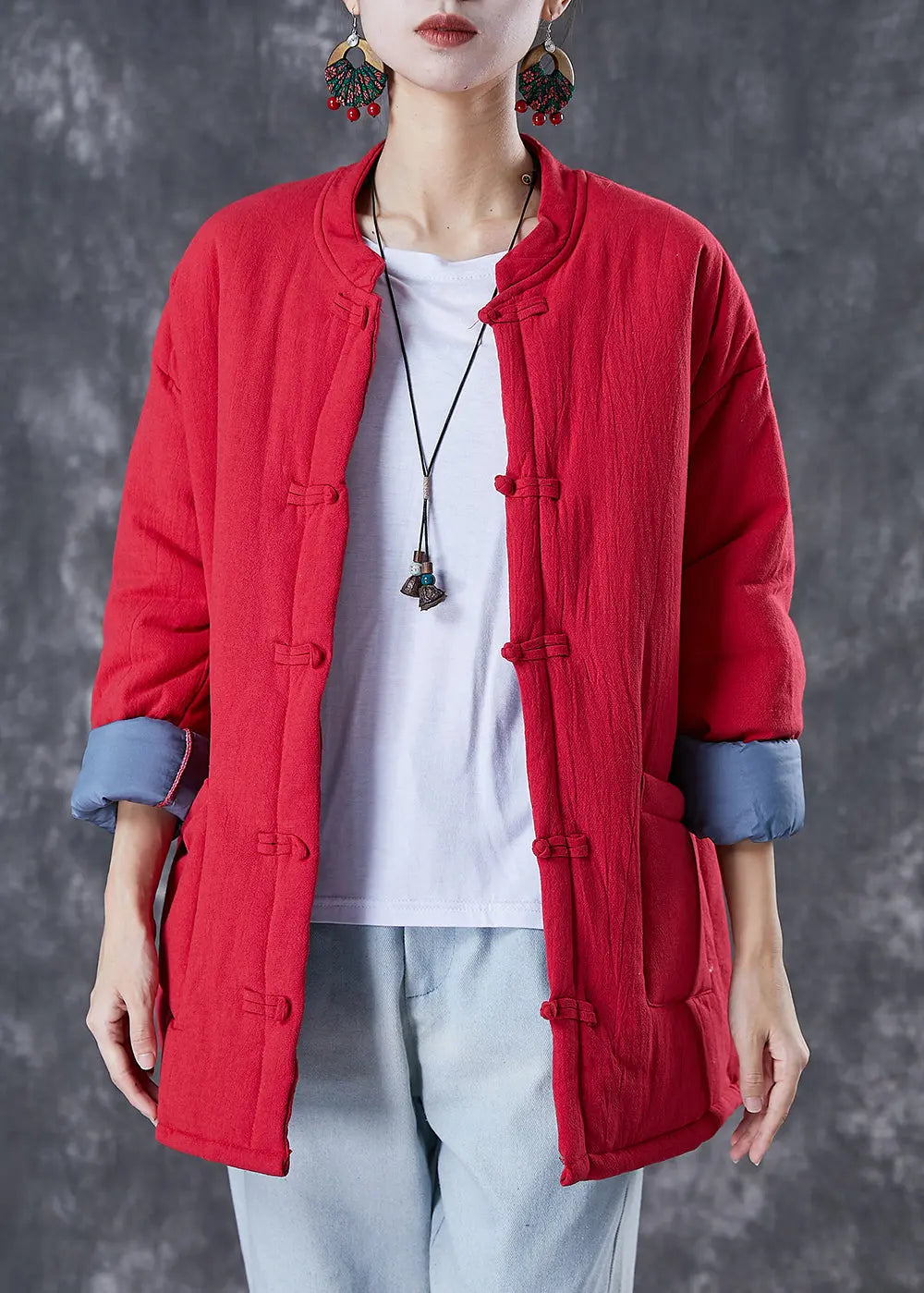 Red Warm Fine Cotton Filled Jacket Chinese Style In Winter Ada Fashion