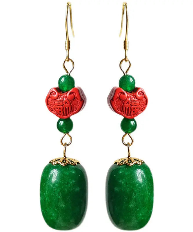 Regular Green Sterling Silver Jade Cinnabar Drop Earrings Ada Fashion