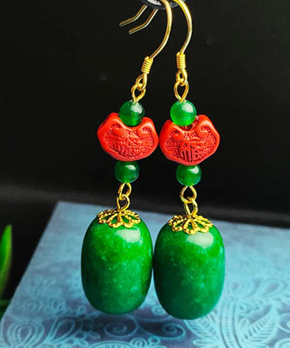 Regular Green Sterling Silver Jade Cinnabar Drop Earrings Ada Fashion