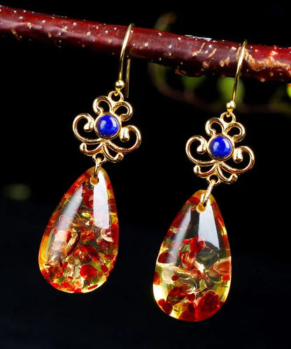 Regular Sterling Silver Overgild Inlaid Gem Stone Amber Drop Earrings Ada Fashion