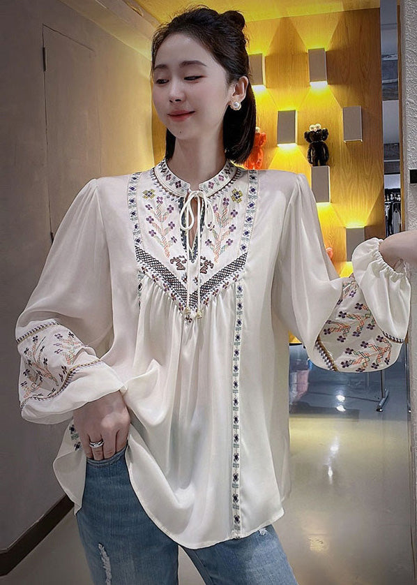 Retro Black Embroideried Lace Up Silk Blouse Tops Long Sleeve Ada Fashion