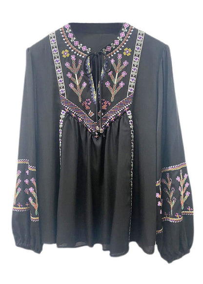 Retro Black Embroideried Lace Up Silk Blouse Tops Long Sleeve Ada Fashion