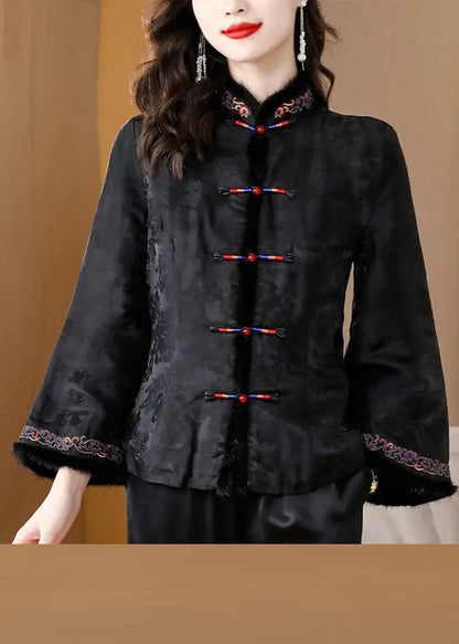 Retro Black Fur Collar Embroidered Button Silk Coats Long Sleeve Ada Fashion