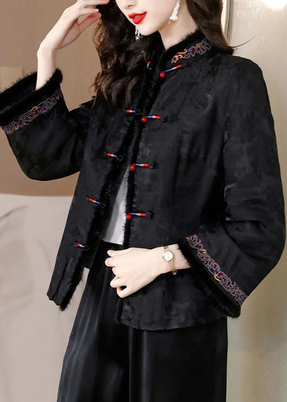 Retro Black Fur Collar Embroidered Button Silk Coats Long Sleeve Ada Fashion