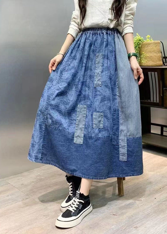 Retro Blue Wrinkled Pockets Print Patchwork Denim Skirts Summer LY4543