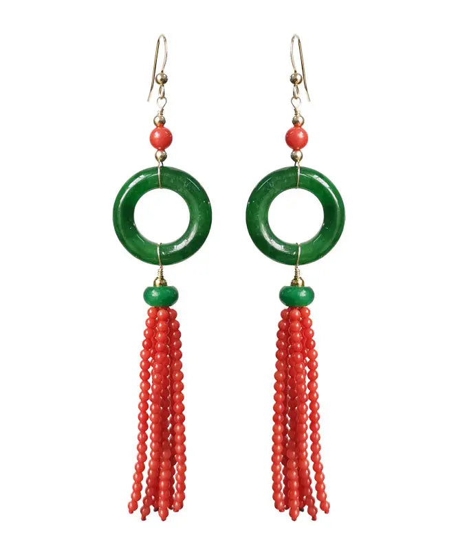 Retro Green 14K Gold Jade Tassel Circle Drop Earrings Ada Fashion