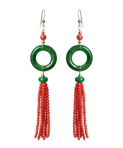 Retro Green 14K Gold Jade Tassel Circle Drop Earrings Ada Fashion